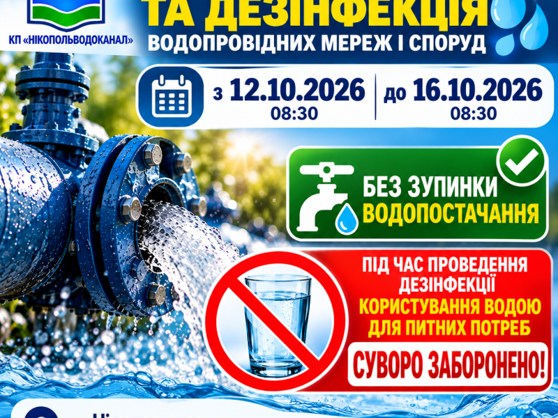 У період з 08-30 години 12 жовтня 2026 року до 08-30 години  16 жовтня 2026 року,  КП «НІКОПОЛЬВОДОКАНАЛ» проводитиме промивання та дезінфекцію на водопровідних мережах і спорудах міста, а також в селах: Олексіївка, Кам’янське, Приміське, Південне, Воля без зупинки водопостачання.
